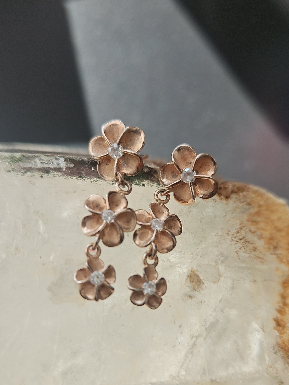 Vintage Sterling Silver Goldplated Plumeria Floral Drop Earrings Women's Flowers